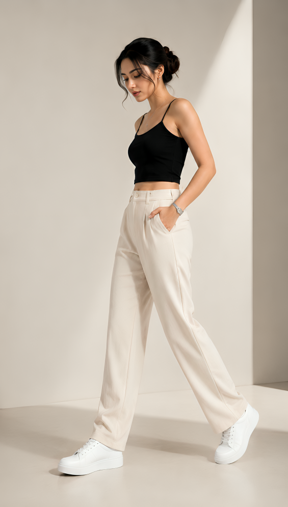 Women's Korean Straight Fit High Waist Elastic Waist Pants | Premium Office Wear Trousers for Women | Casual Formal Wide Leg Bottom Wear