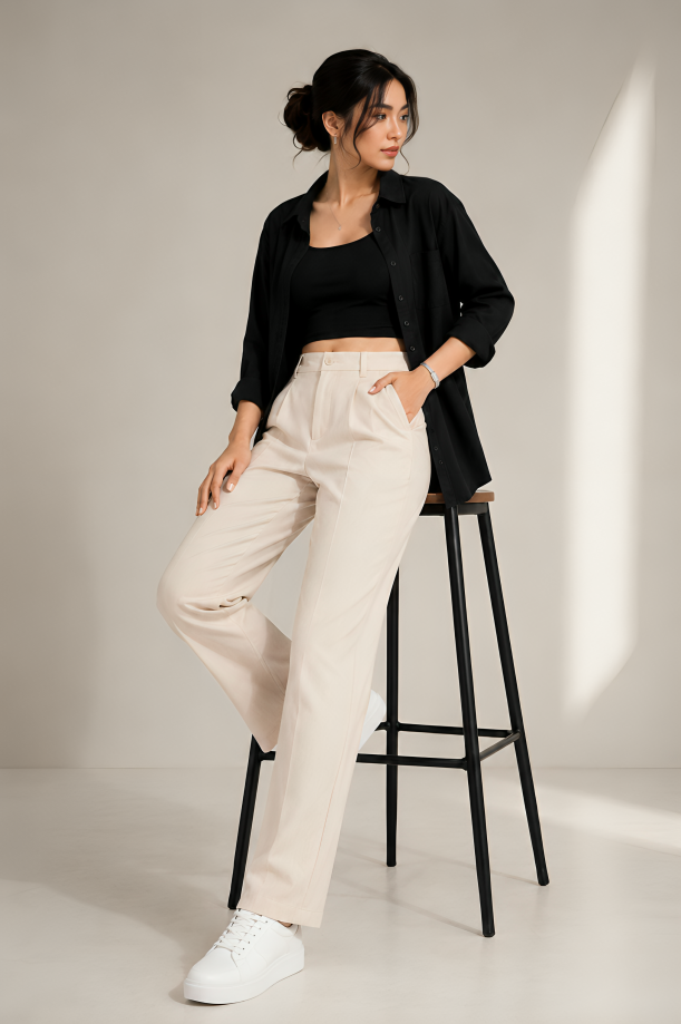 Women's Korean Straight Fit High Waist Elastic Waist Pants | Premium Office Wear Trousers for Women | Casual Formal Wide Leg Bottom Wear
